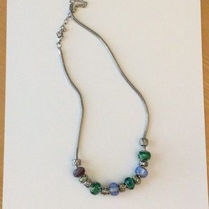 Silvertone Necklace with Blue and Green Charms.